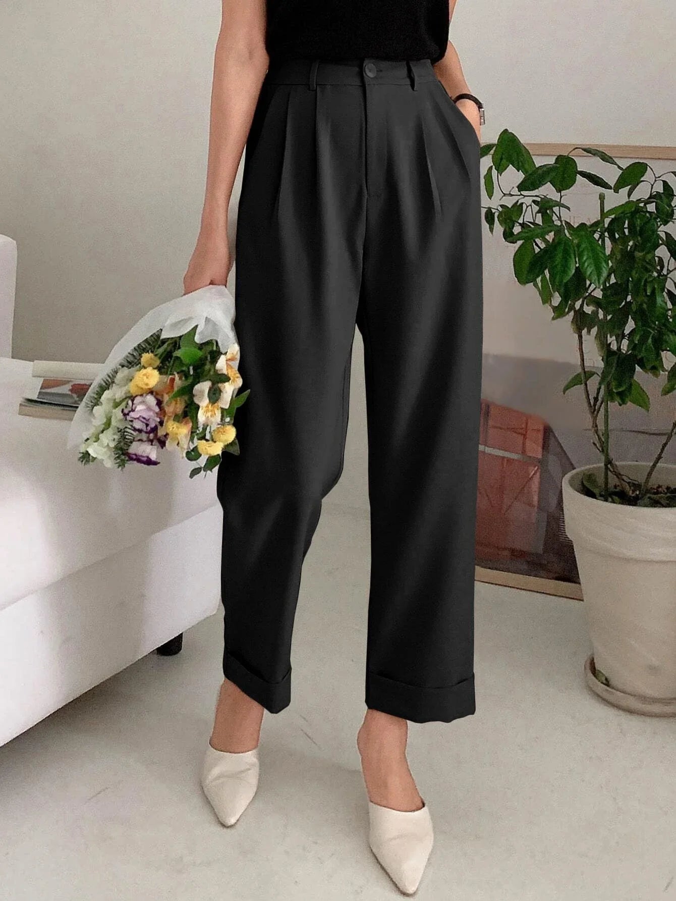 SHEIN DAZY High Waist Plicated Detail Roll Hem Pants