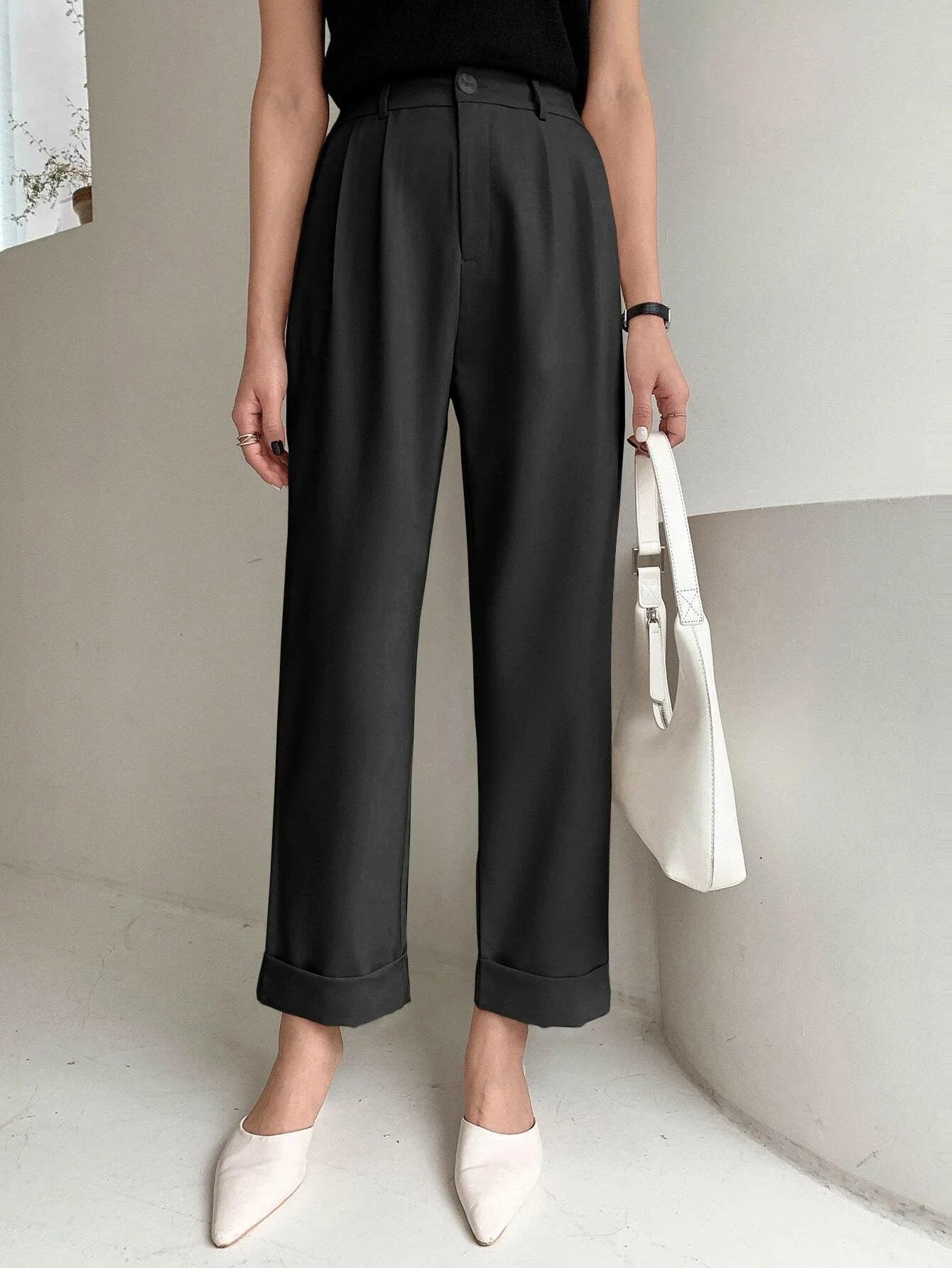 SHEIN DAZY High Waist Plicated Detail Roll Hem Pants