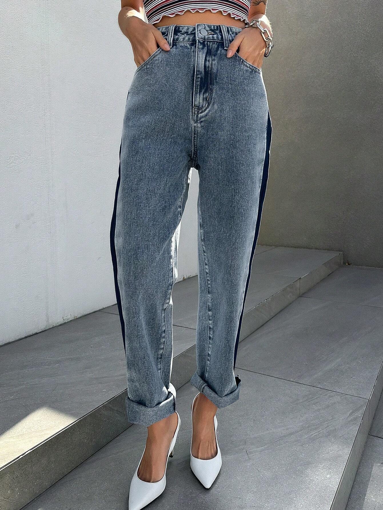 SHEIN DAZY Contrast Side Seam Straight Leg Jeans