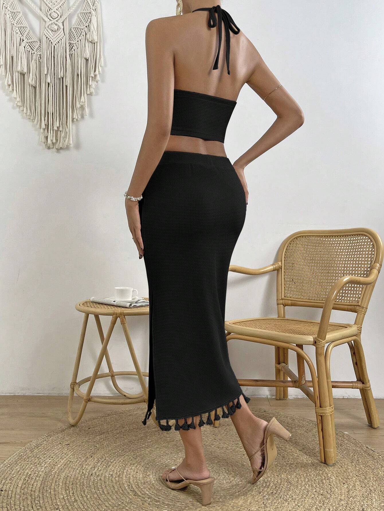 SHEIN VCAY Tassel Trim Crop Halter Top & Split Thigh Skirt