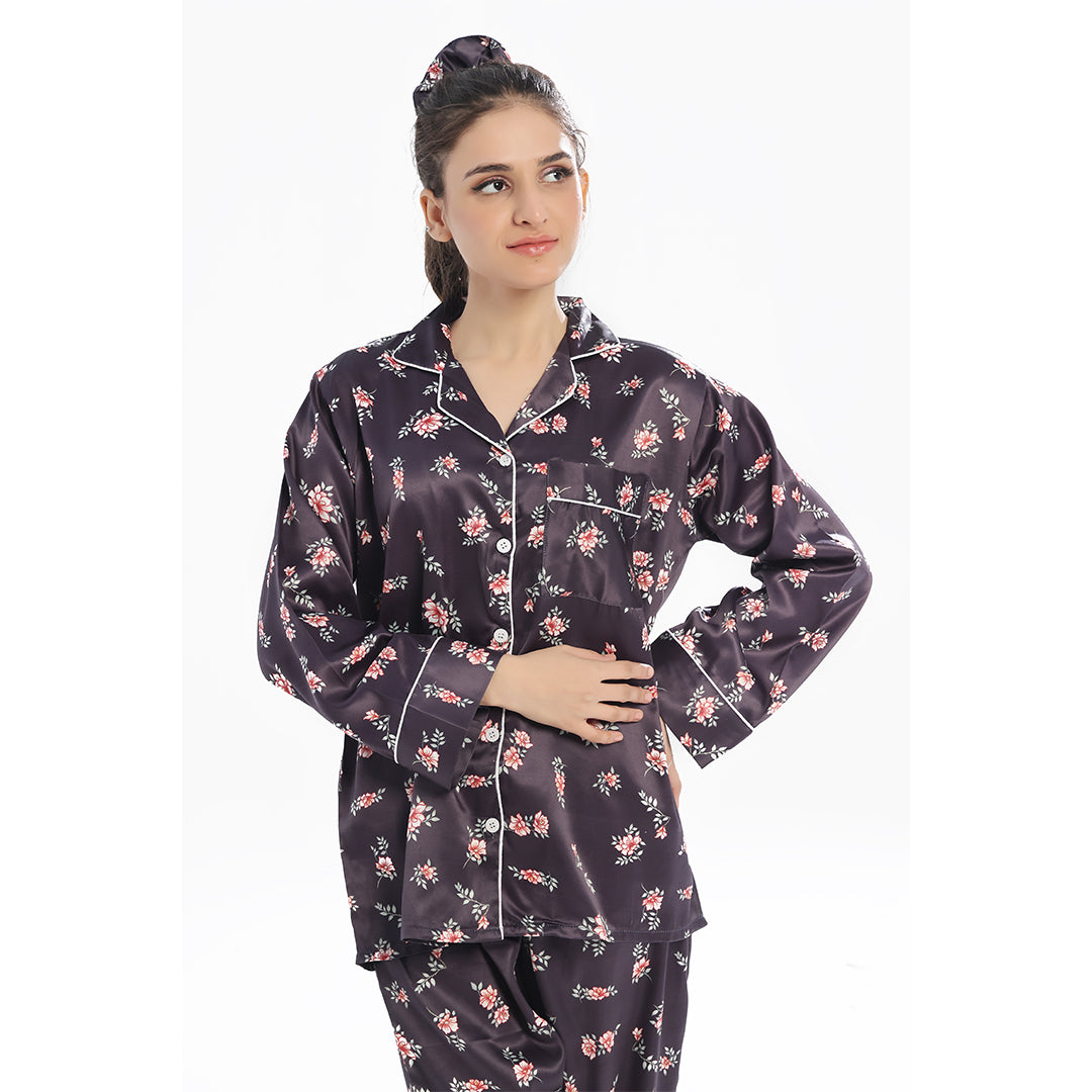 Silk Secret Silk Pajama Suit  with Scrunchie - Dark Fleur