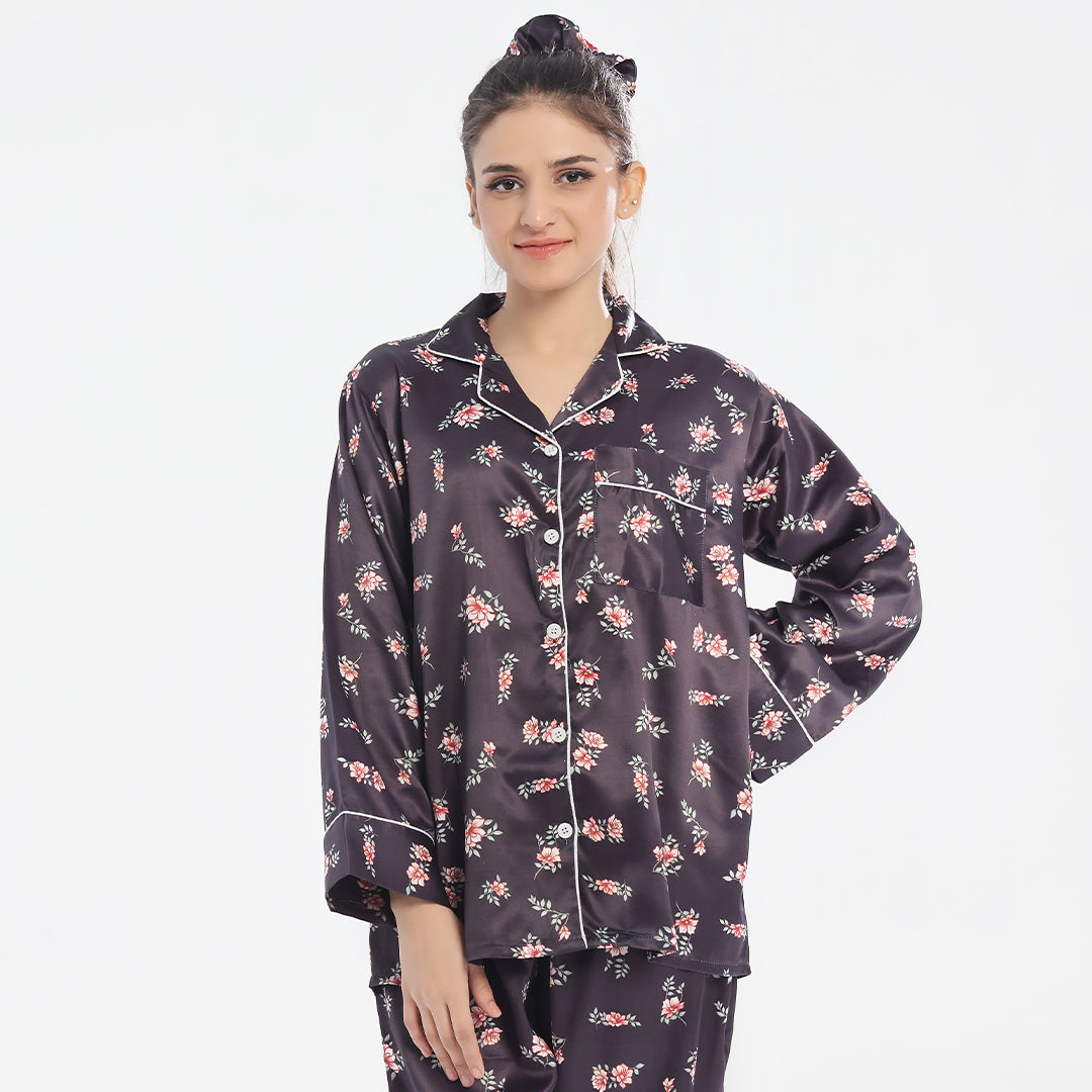Silk Secret Silk Pajama Suit  with Scrunchie - Dark Fleur