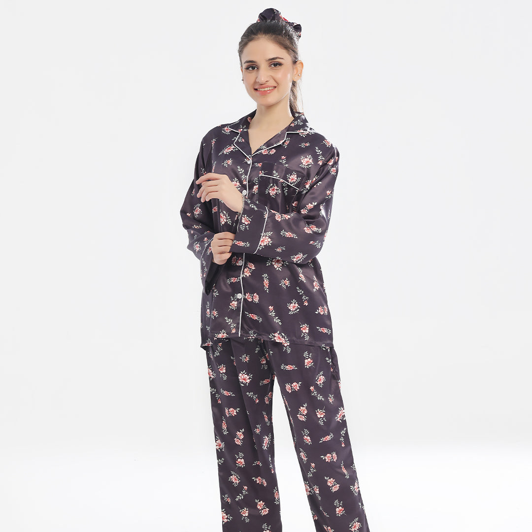 Silk Secret Silk Pajama Suit  with Scrunchie - Dark Fleur