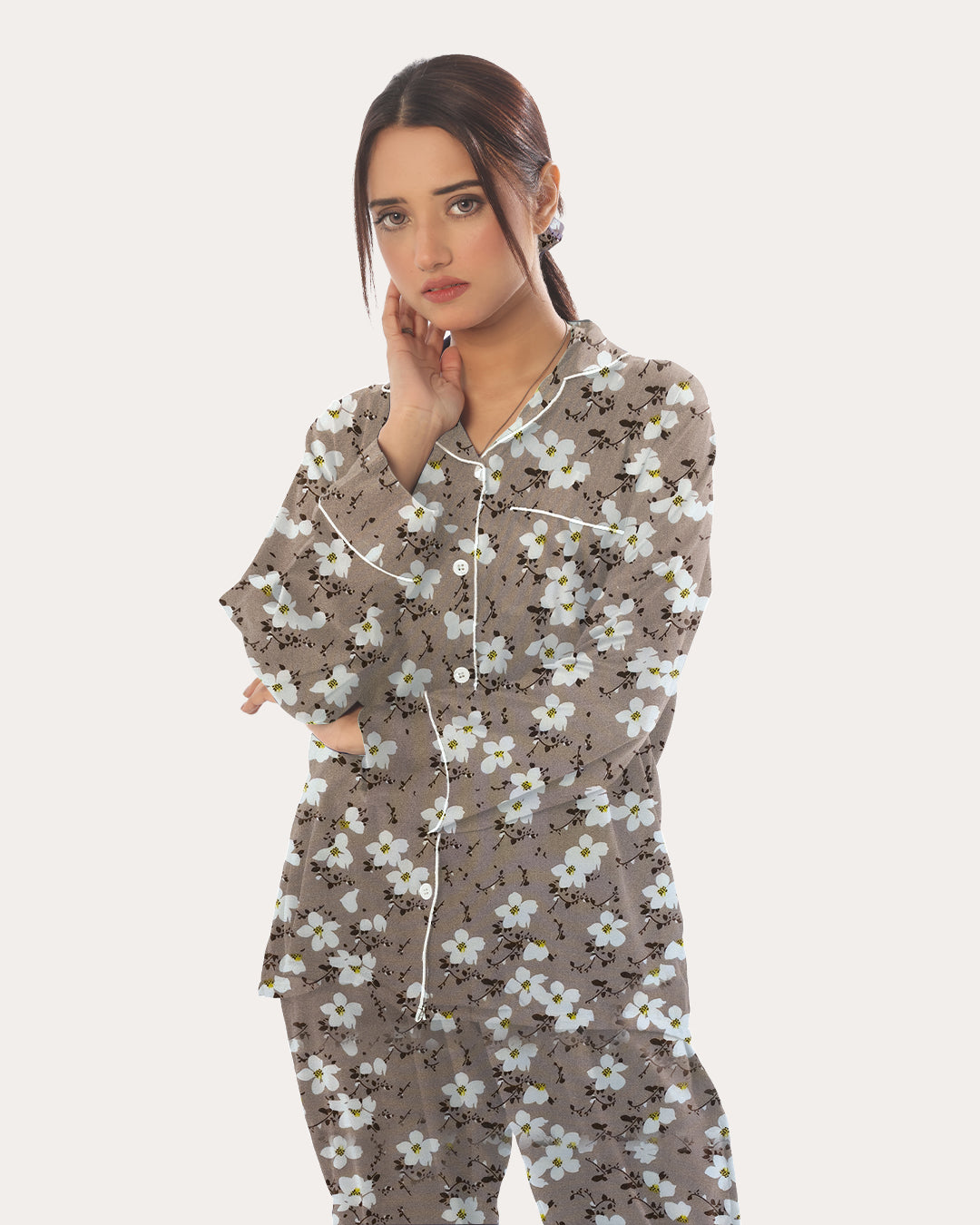 Silk Secret Linen Pajama Suit with Scrunchie - Dewy Floral
