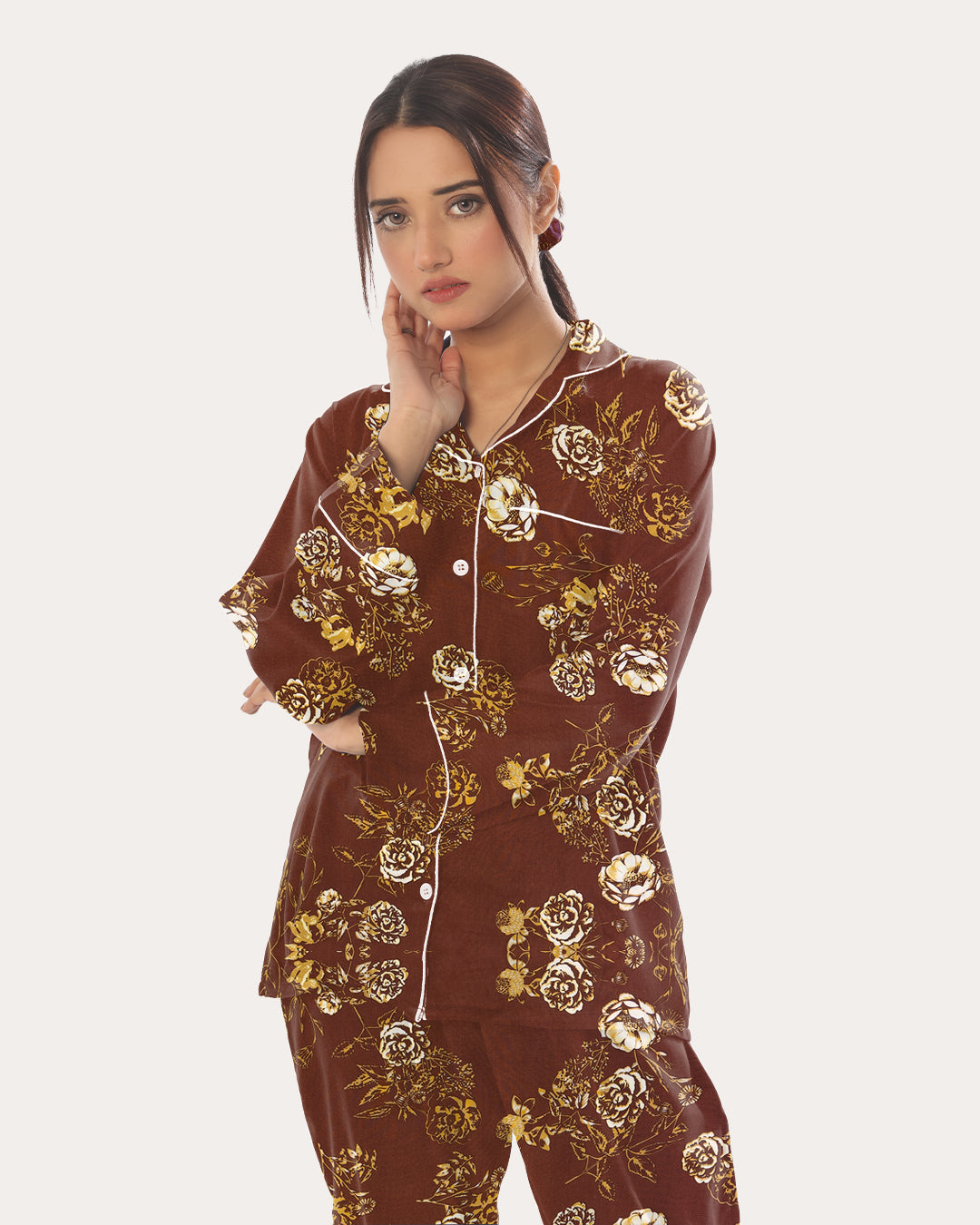 Silk Secret Linen Pajama Suit with Scrunchie - Bronze Bloom