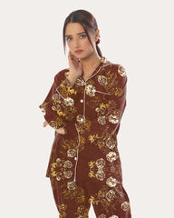 Silk Secret Linen Pajama Suit with Scrunchie - Bronze Bloom