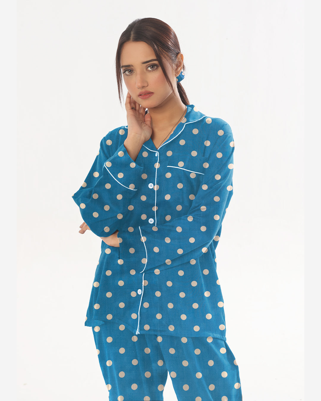Silk Secret Linen Pajama Suit with Scrunchie - Cloud Linen
