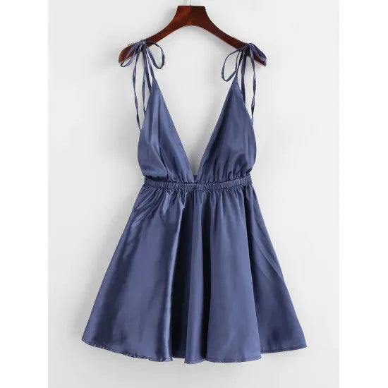 Women'S Navy Blue Backless Satin Tie Shoulder Sleepwear Dress. Sm-192