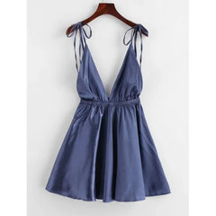 Women'S Navy Blue Backless Satin Tie Shoulder Sleepwear Dress. Sm-192