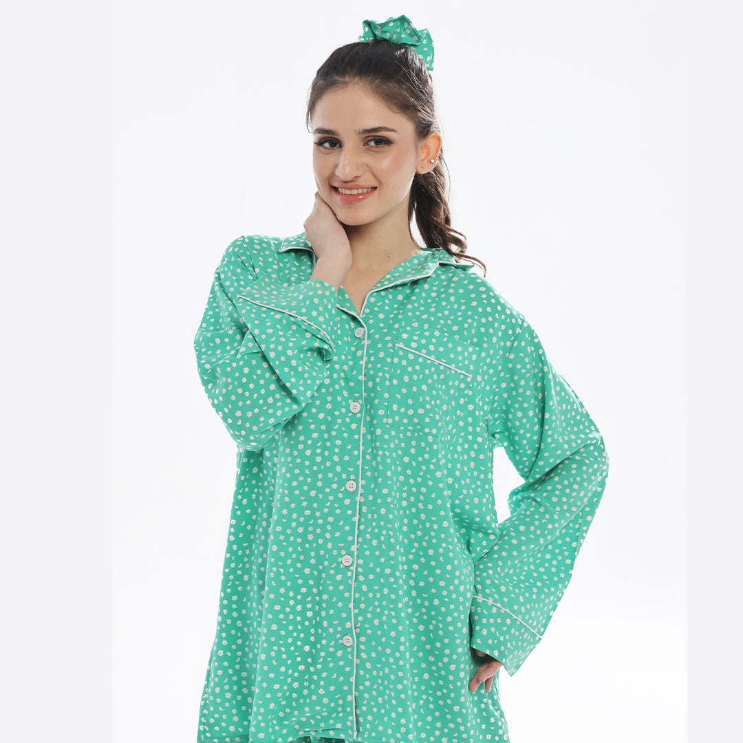 Silk Secret Leafy Bloom Linen Pajama Suit with Scrunchie