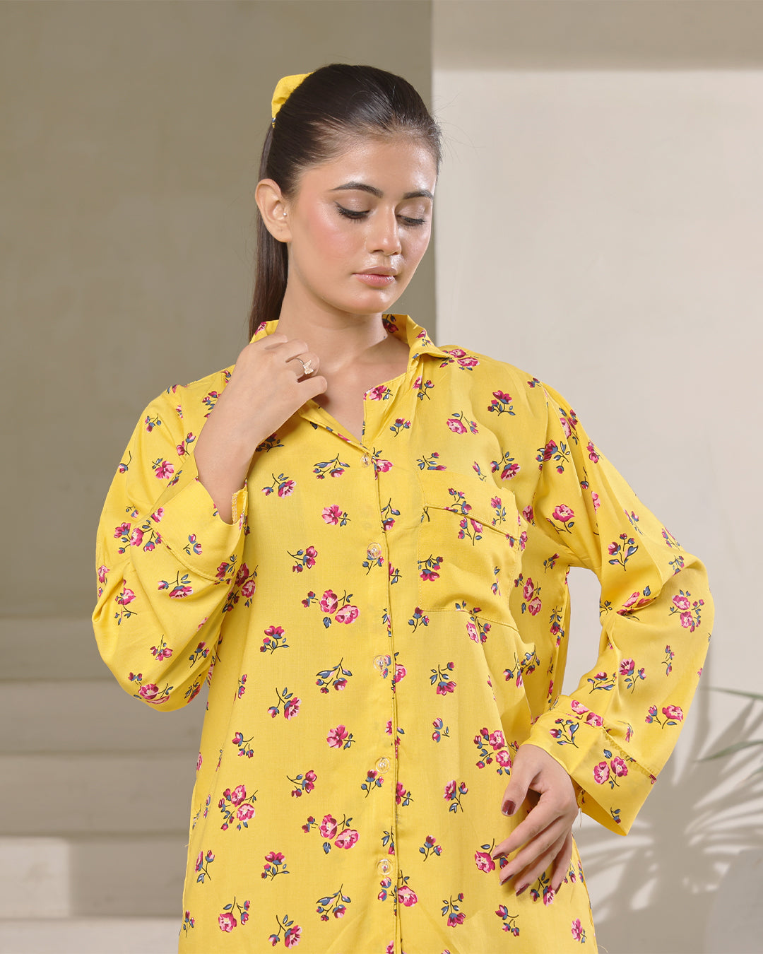 Silk Secret Linen Pajama Suit with Scrunchie - Sunny Blossom