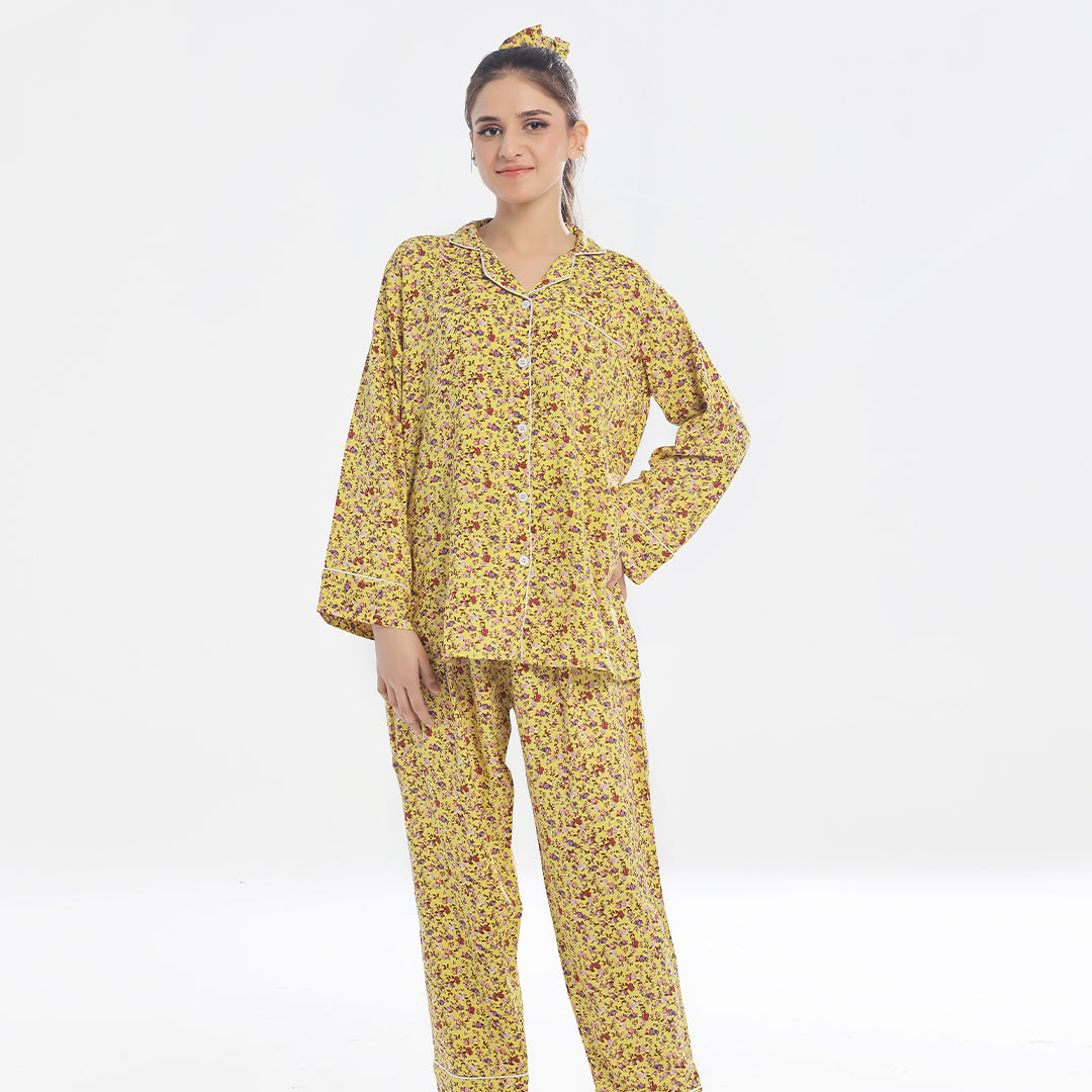 Silk Secret Linen Pajama Suit with Scrunchie - Scarlet Slumber