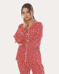 Silk Secret Linen Pajama Suit with Scrunchie - Rosy Polka