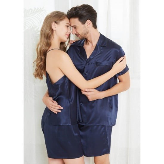 Buy Navy Short Silk Couple Pajamas Sets in Pakistan