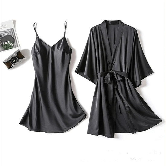 Buy Silk Robe With Long Sleeveless Cami 2 Pcs Nightwear in Pakistan