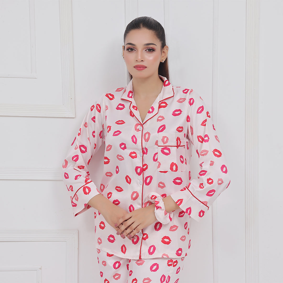 Silk Secret Silk Pajama Suit with Scrunchie - Lush Lips