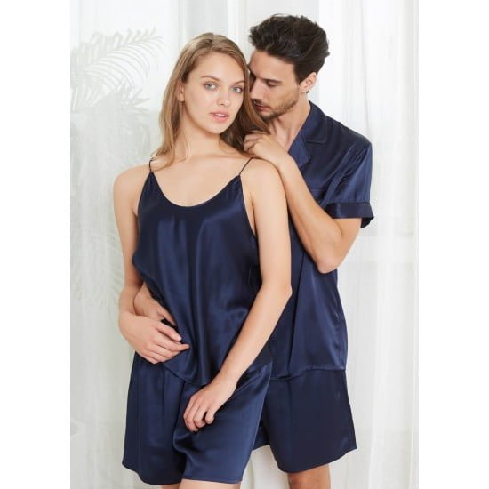 Buy Navy Short Silk Couple Pajamas Sets in Pakistan