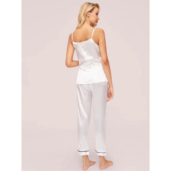 White Contrast Binding Cami And Pants Set For Women