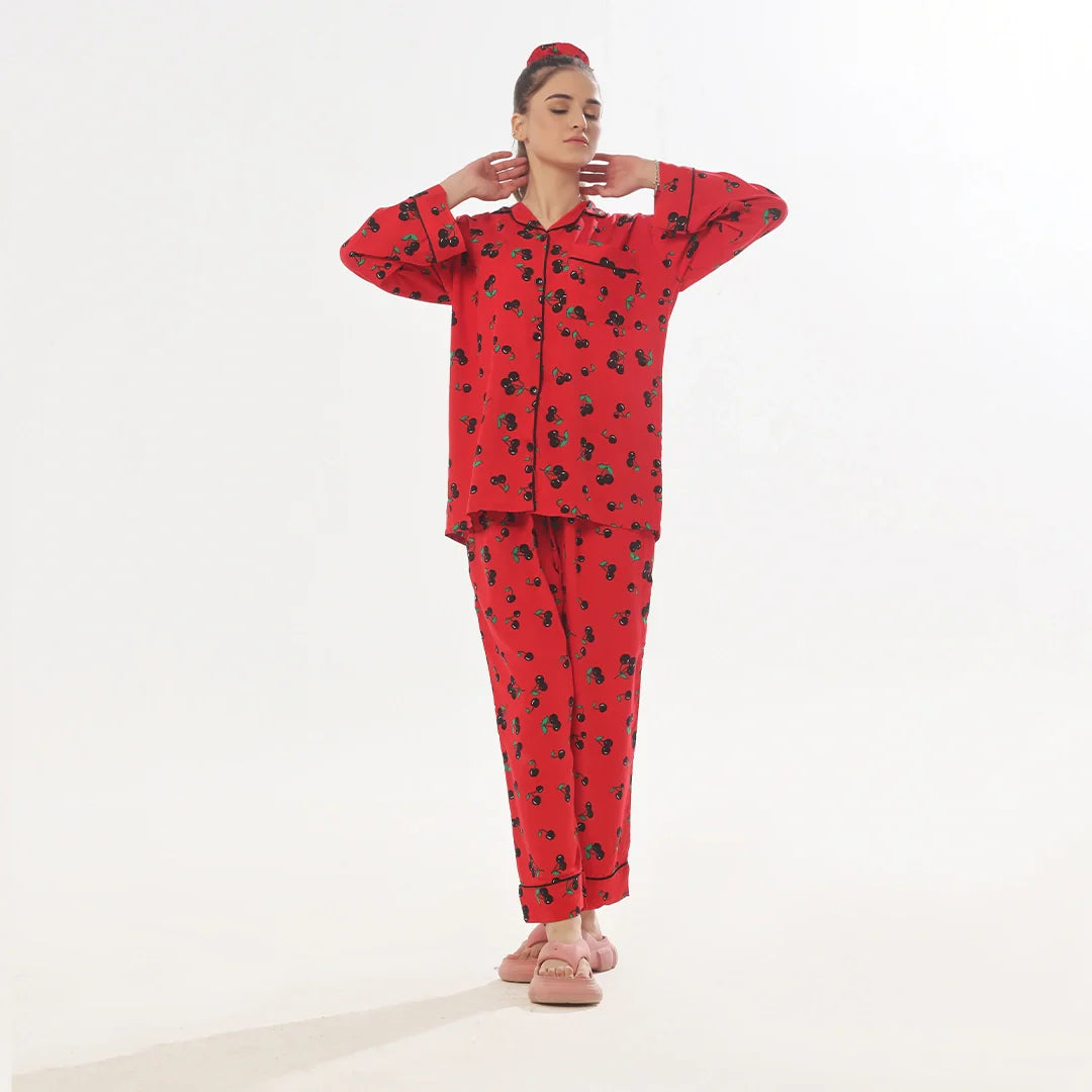 Silk Secret Cherry Linen Pajama Suit