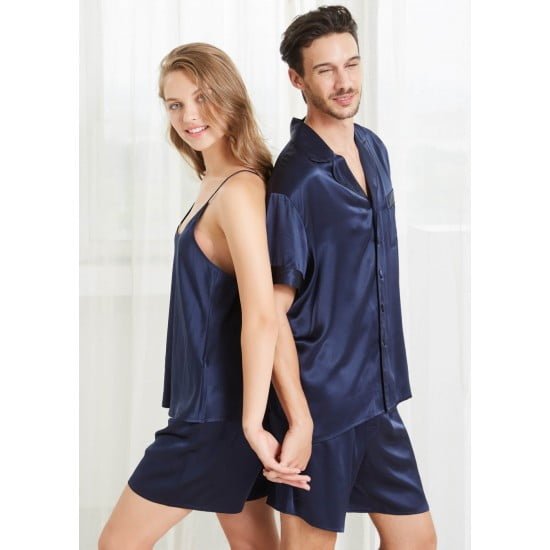 Buy Navy Short Silk Couple Pajamas Sets in Pakistan