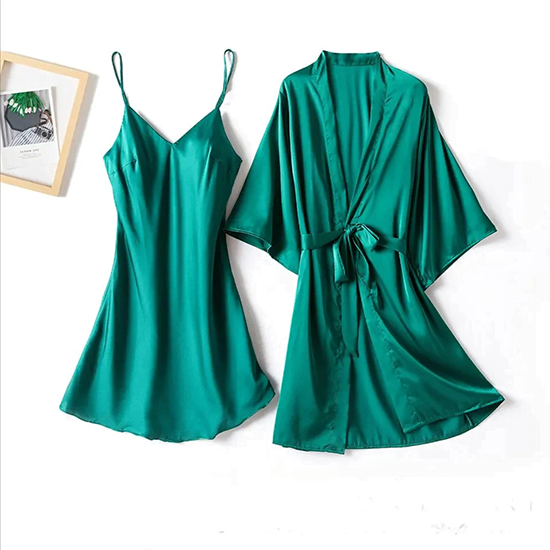 Buy Silk Robe With Long Sleeveless Cami 2 Pcs Nightwear in Pakistan