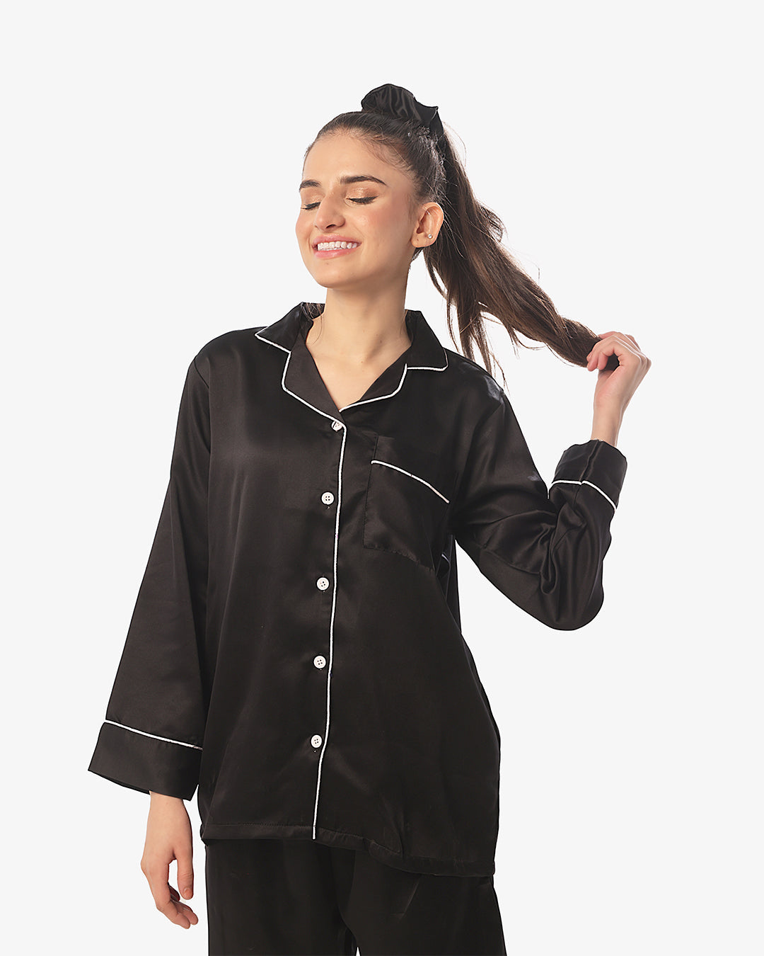 Silk Secret Silk Pajama Suit with Scrunchie - Pearl