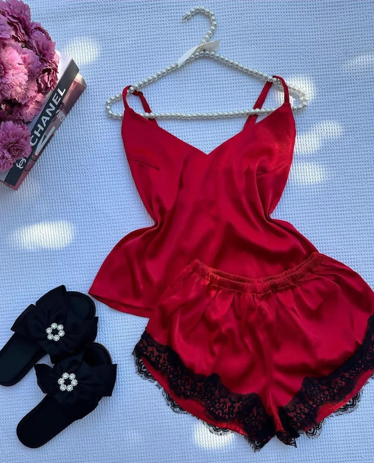 Buy CBZ-Premium Red Satin Lace Camisole & Shorts in Pakistan