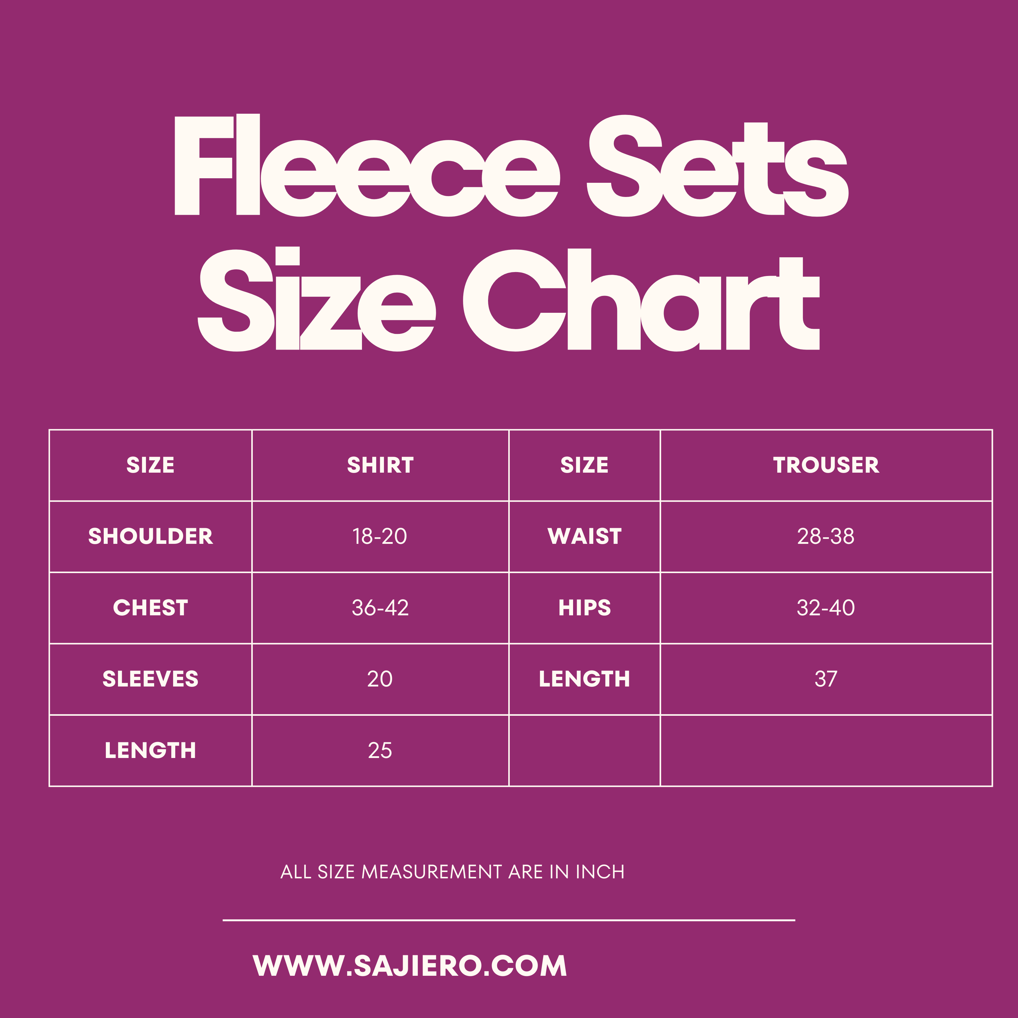 Fleece pajama suit size chart by Silk Secret