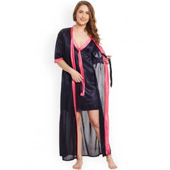 Navy Blue Contrast 2 Pieces Solid Nightdress For Women. Sd-1062