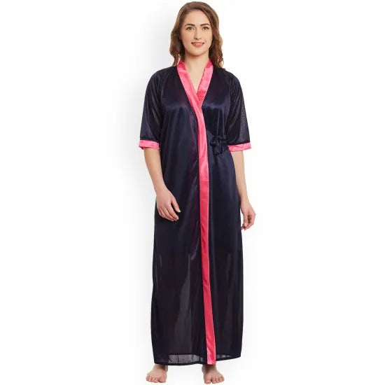 Navy Blue Contrast 2 Pieces Solid Nightdress For Women. Sd-1062