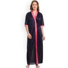 Navy Blue Contrast 2 Pieces Solid Nightdress For Women. Sd-1062