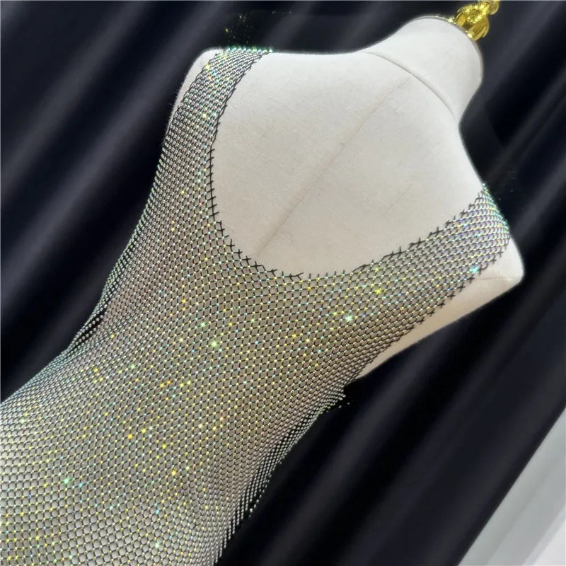 Sajiero Rhinestone Crystal Transparent Sing Short full body transparent net fancy dress for party