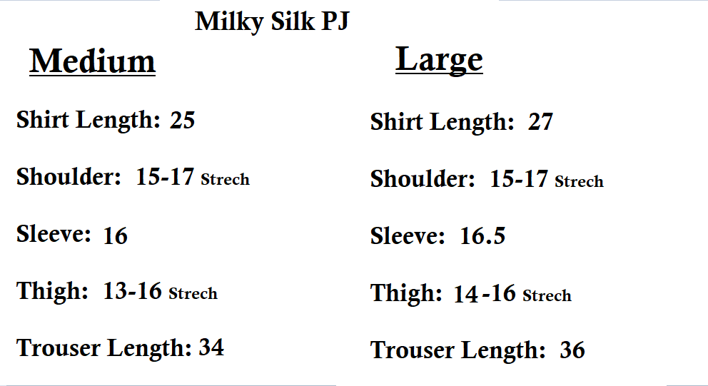 Silk Secret pj's size chart  