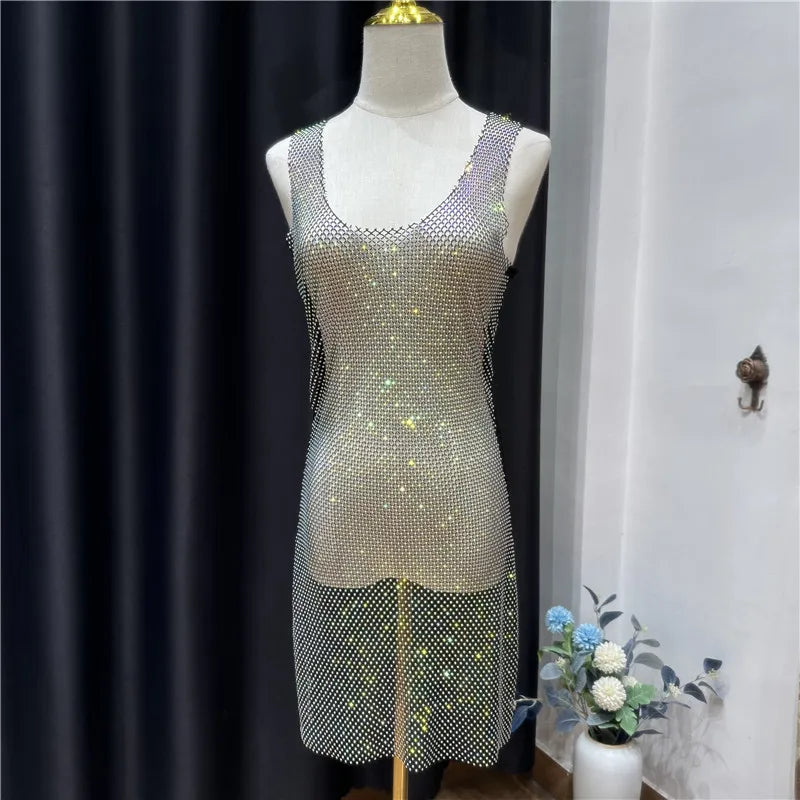 Silk Secret Rhinestone Crystal Transparent Sing Short full body transparent net fancy dress for party