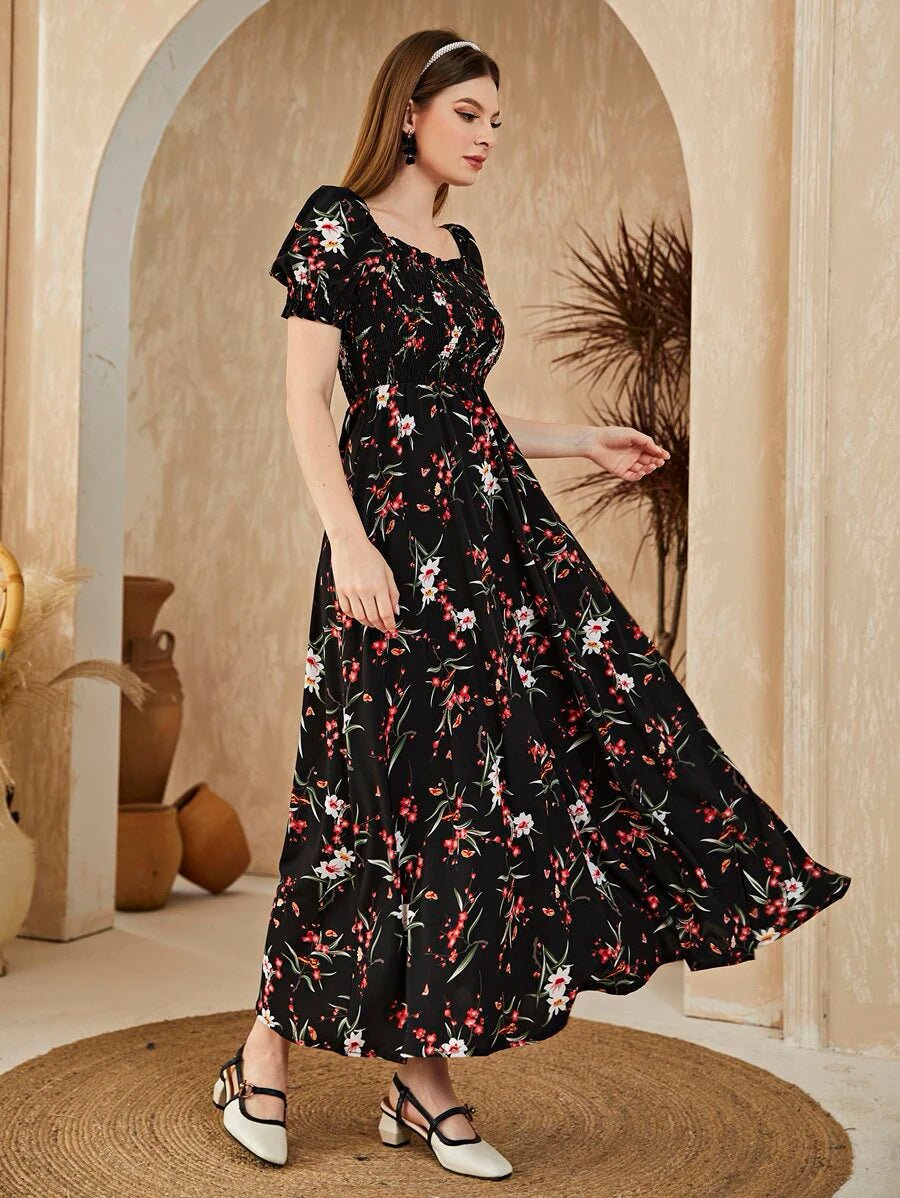 Shein Floral Square Neck Shirred A-line Dress