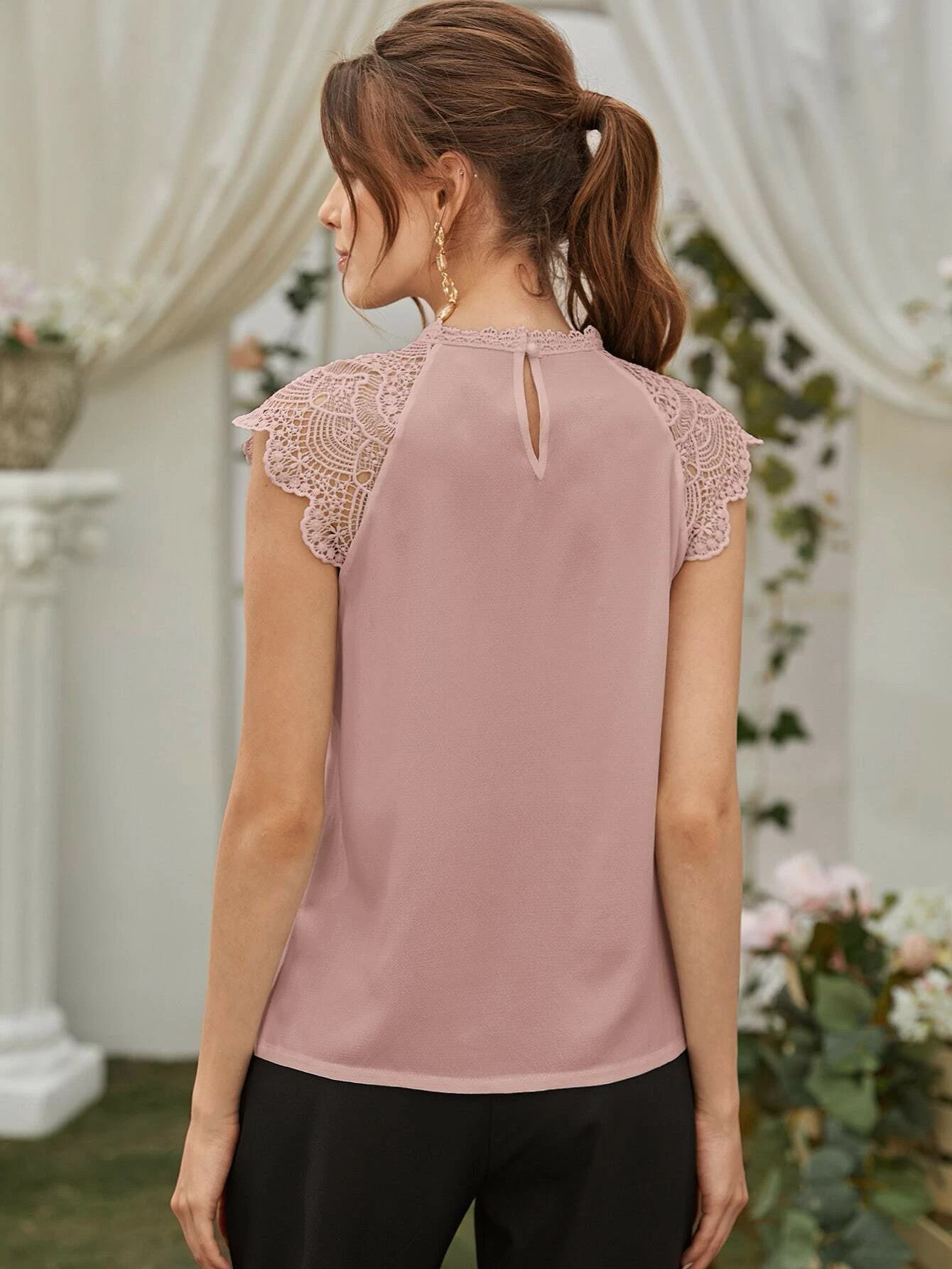 Shein Guipure Lace Panel Keyhole Back Blouse