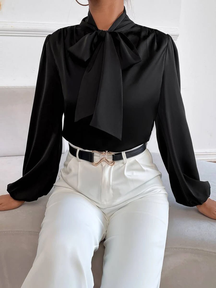 Shein Satin Tie Neck Bishop Sleeve Blouse