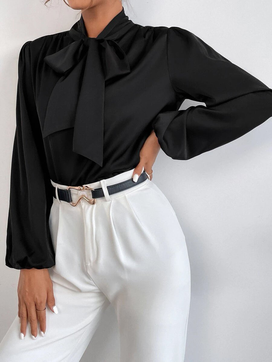 Shein Satin Tie Neck Bishop Sleeve Blouse