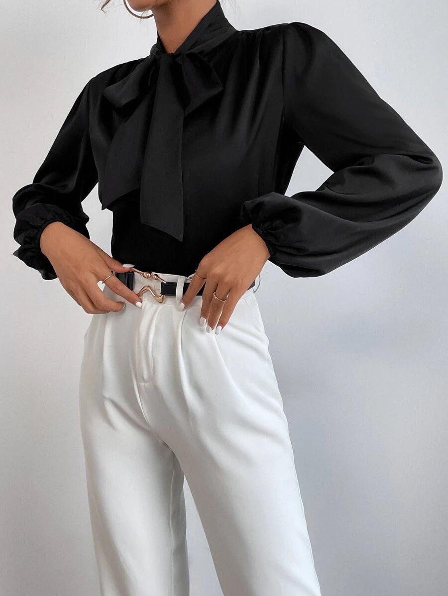 Shein Satin Tie Neck Bishop Sleeve Blouse