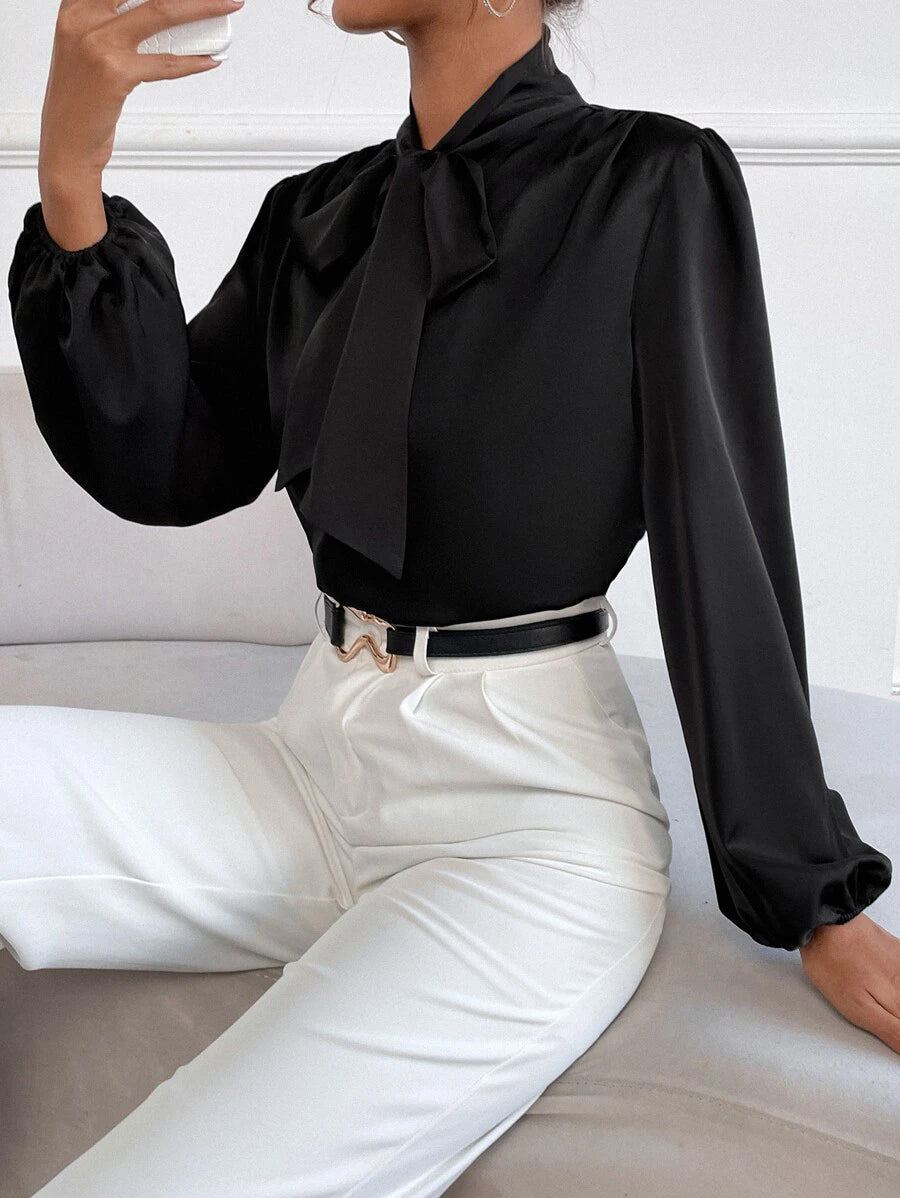 Shein Satin Tie Neck Bishop Sleeve Blouse