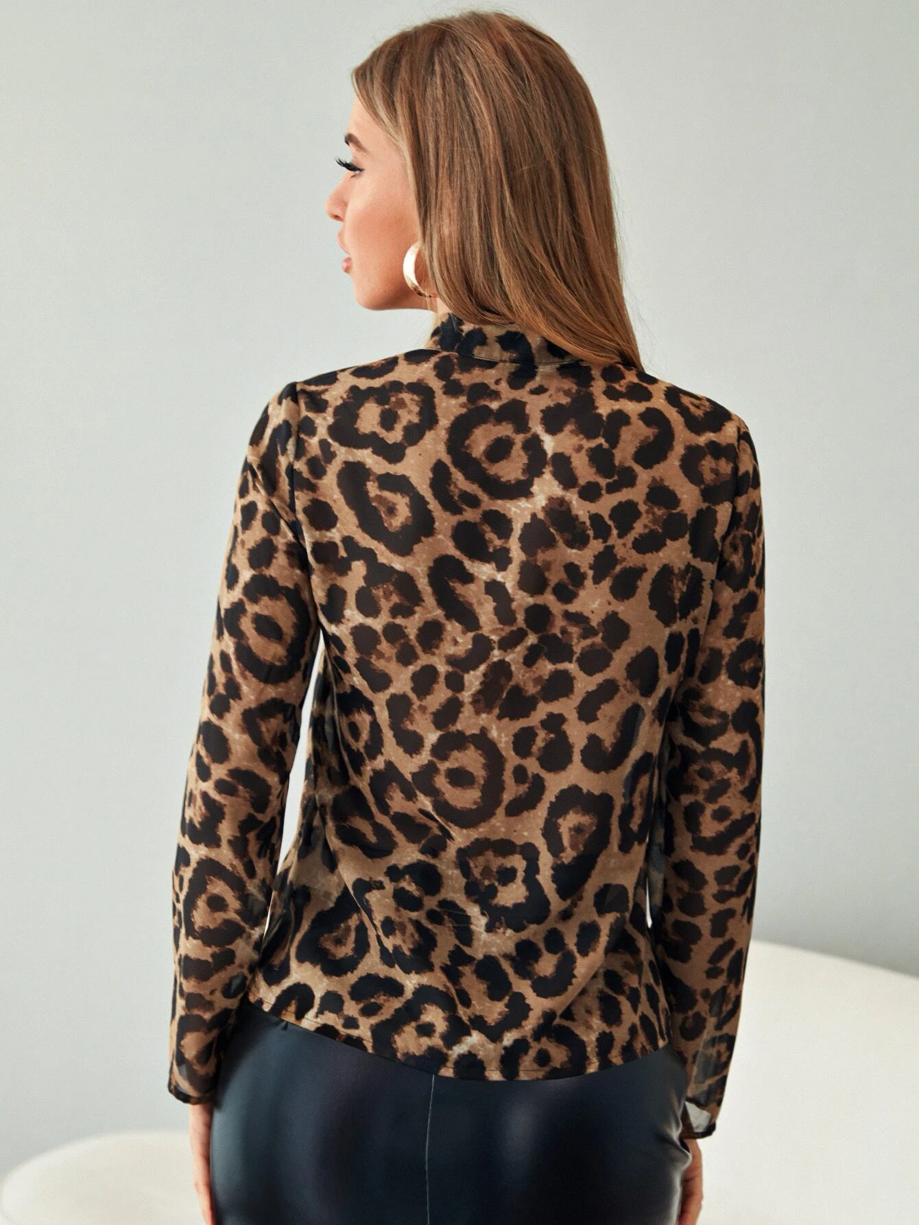 Shein Tie Neck Leopard Chiffon Top