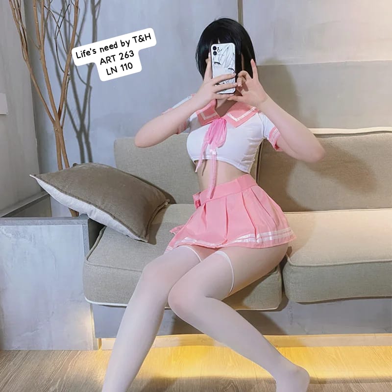 Silk Secret Pink Mesh Cosplay Costume Set hot white and pink short shirt and scurt  for adult funtime price in pakistan 