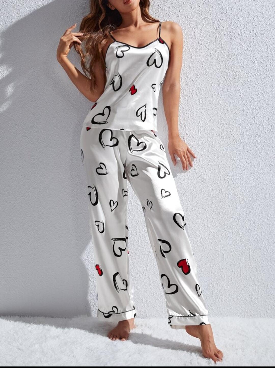 Sajiero Spice Ceder Strap Jumpsuit Printed Hearst White best silk sleeveless nightwear for ladies price in pakistan