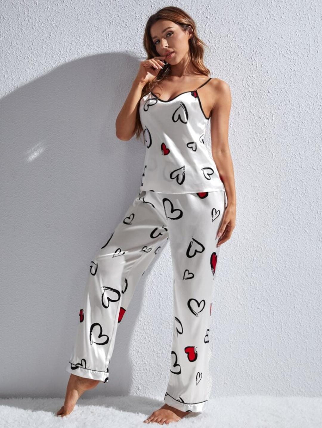 Silk Secret Spice Ceder Strap Jumpsuit Printed Hearst White best silk sleeveless nightwear for ladies price in pakistan