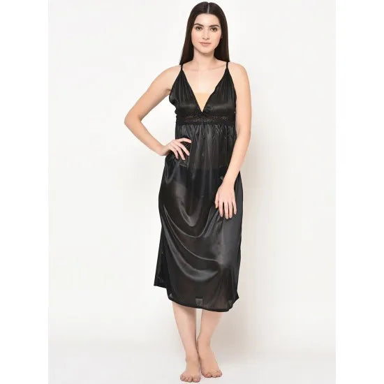 Women'S Black 2 Pieces Satin Laced Nightwear Dress. Sm-263