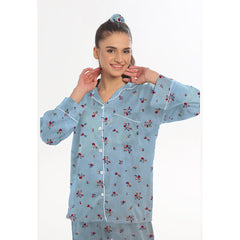 Silk Secret Linen Pajama Suit with Scrunchie - Sky Blossom