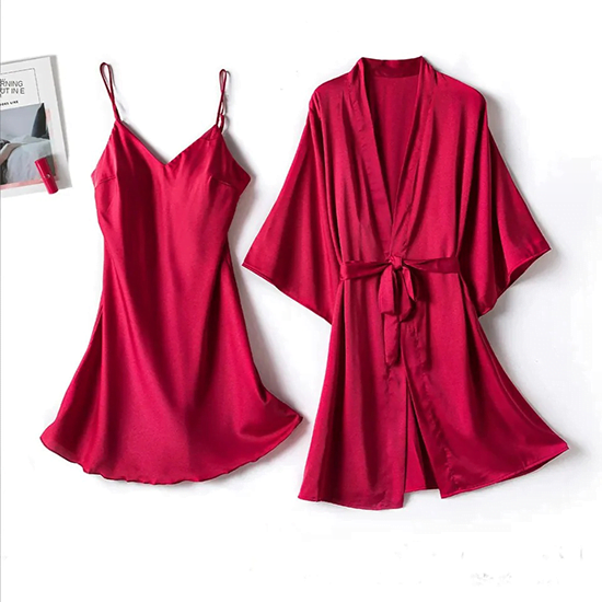 Buy Silk Robe With Long Sleeveless Cami 2 Pcs Nightwear in Pakistan