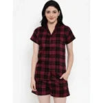 Women’S Maroon-Black Checkered Shorts Night Suit. Sm-792