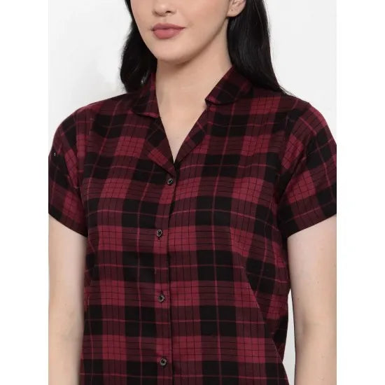 Women’S Maroon-Black Checkered Shorts Night Suit. Sm-792